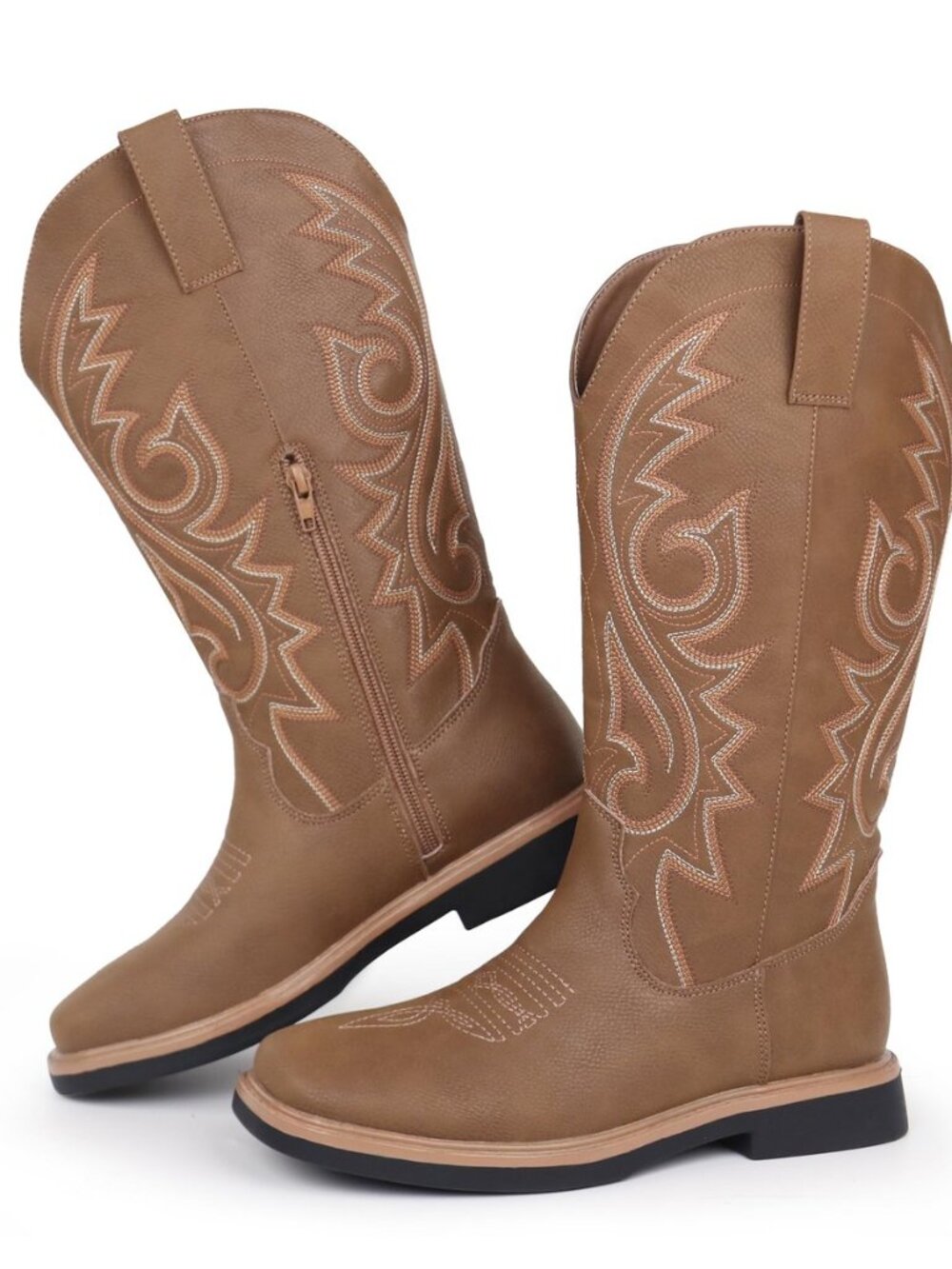 Women's Cowboy Cowgirl Boots Square Toe Side Zipper Embroidered Low Heel Dress
